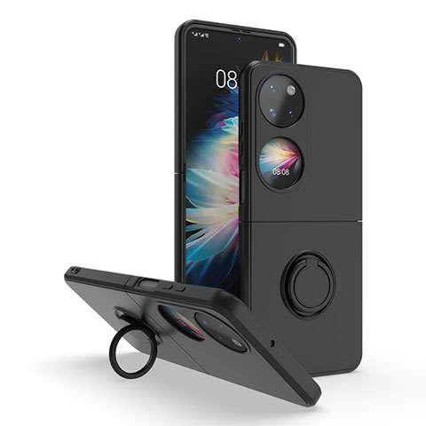 Silikon Hülle Handyhülle und Kunststoff Schutzhülle Hartschalen Tasche mit Magnetisch Fingerring Ständer QW1 für Huawei P60 Pocket Schwarz