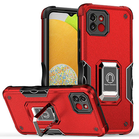 Silikon Hülle Handyhülle und Kunststoff Schutzhülle Hartschalen Tasche mit Magnetisch Fingerring Ständer QW1 für Samsung Galaxy A03 Rot