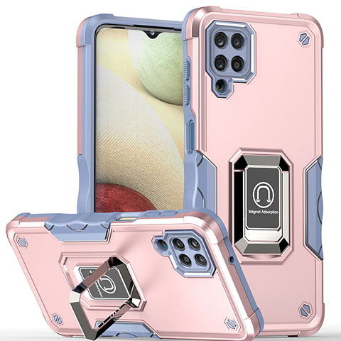 Silikon Hülle Handyhülle und Kunststoff Schutzhülle Hartschalen Tasche mit Magnetisch Fingerring Ständer QW1 für Samsung Galaxy A12 Nacho Rosa