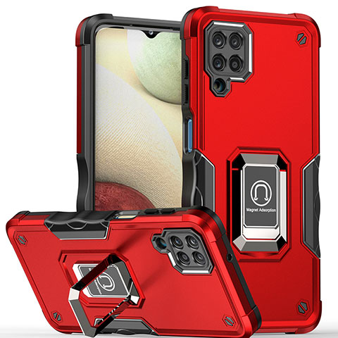 Silikon Hülle Handyhülle und Kunststoff Schutzhülle Hartschalen Tasche mit Magnetisch Fingerring Ständer QW1 für Samsung Galaxy M12 Rot