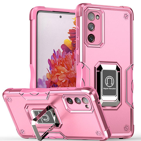 Silikon Hülle Handyhülle und Kunststoff Schutzhülle Hartschalen Tasche mit Magnetisch Fingerring Ständer QW1 für Samsung Galaxy S20 FE (2022) 5G Rosegold