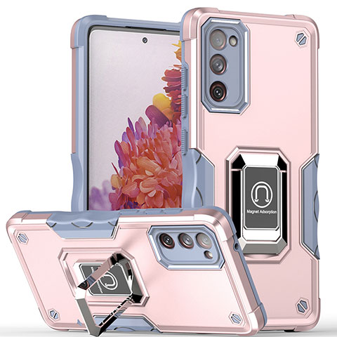 Silikon Hülle Handyhülle und Kunststoff Schutzhülle Hartschalen Tasche mit Magnetisch Fingerring Ständer QW1 für Samsung Galaxy S20 Lite 5G Rosa