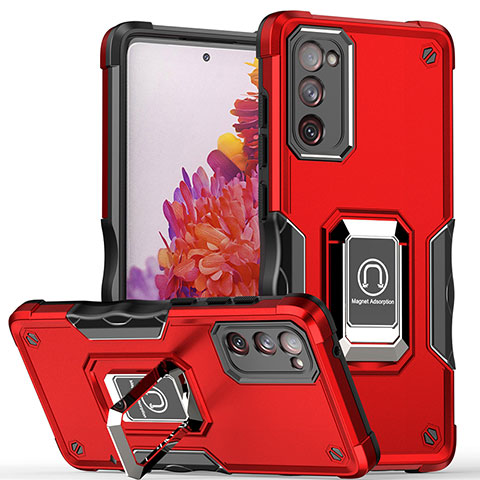 Silikon Hülle Handyhülle und Kunststoff Schutzhülle Hartschalen Tasche mit Magnetisch Fingerring Ständer QW1 für Samsung Galaxy S20 Lite 5G Rot