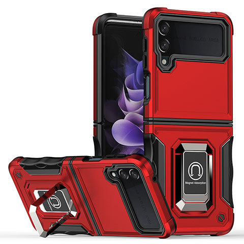 Silikon Hülle Handyhülle und Kunststoff Schutzhülle Hartschalen Tasche mit Magnetisch Fingerring Ständer QW1 für Samsung Galaxy Z Flip3 5G Rot