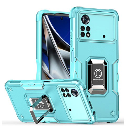 Silikon Hülle Handyhülle und Kunststoff Schutzhülle Hartschalen Tasche mit Magnetisch Fingerring Ständer QW1 für Xiaomi Poco M4 Pro 4G Hellblau