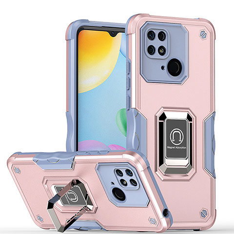 Silikon Hülle Handyhülle und Kunststoff Schutzhülle Hartschalen Tasche mit Magnetisch Fingerring Ständer QW1 für Xiaomi Redmi 10 India Rosa