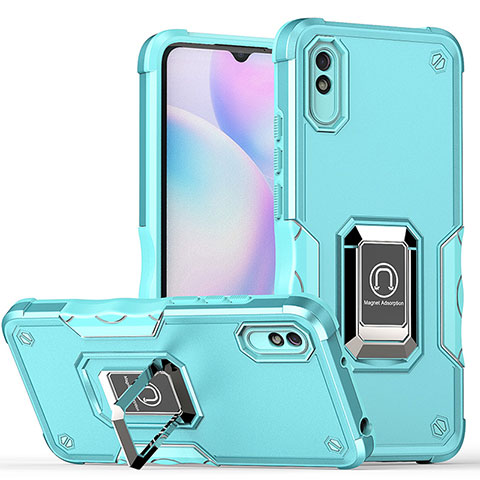 Silikon Hülle Handyhülle und Kunststoff Schutzhülle Hartschalen Tasche mit Magnetisch Fingerring Ständer QW1 für Xiaomi Redmi 9A Hellblau