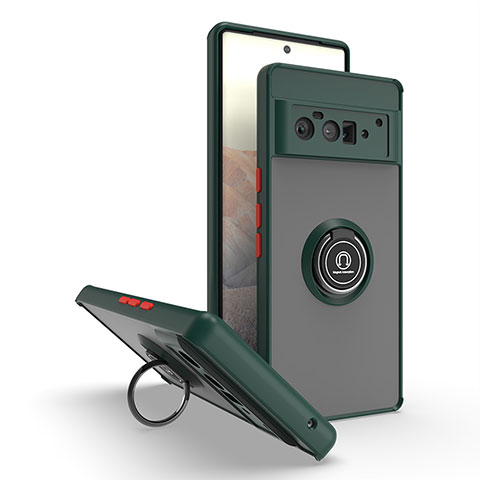 Silikon Hülle Handyhülle und Kunststoff Schutzhülle Hartschalen Tasche mit Magnetisch Fingerring Ständer QW2 für Google Pixel 6 Pro 5G Nachtgrün