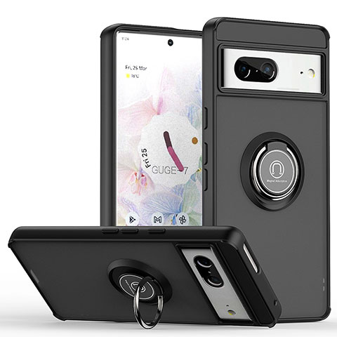 Silikon Hülle Handyhülle und Kunststoff Schutzhülle Hartschalen Tasche mit Magnetisch Fingerring Ständer QW2 für Google Pixel 7 5G Schwarz