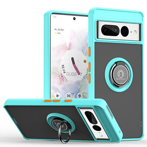 Silikon Hülle Handyhülle und Kunststoff Schutzhülle Hartschalen Tasche mit Magnetisch Fingerring Ständer QW2 für Google Pixel 7 Pro 5G Cyan