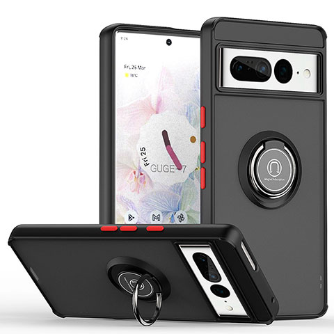 Silikon Hülle Handyhülle und Kunststoff Schutzhülle Hartschalen Tasche mit Magnetisch Fingerring Ständer QW2 für Google Pixel 7 Pro 5G Rot und Schwarz