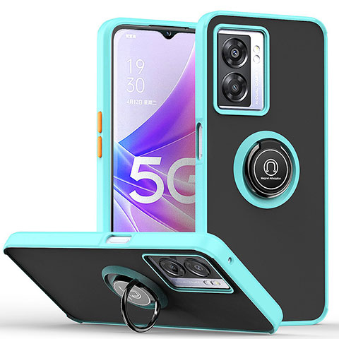 Silikon Hülle Handyhülle und Kunststoff Schutzhülle Hartschalen Tasche mit Magnetisch Fingerring Ständer QW2 für Oppo A56S 5G Cyan