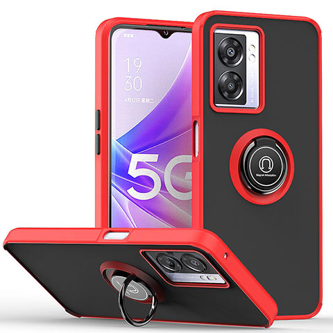 Silikon Hülle Handyhülle und Kunststoff Schutzhülle Hartschalen Tasche mit Magnetisch Fingerring Ständer QW2 für Oppo A56S 5G Rot