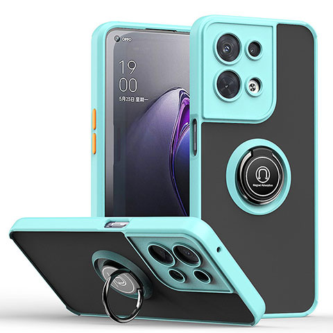 Silikon Hülle Handyhülle und Kunststoff Schutzhülle Hartschalen Tasche mit Magnetisch Fingerring Ständer QW2 für Oppo Reno8 Pro 5G Cyan