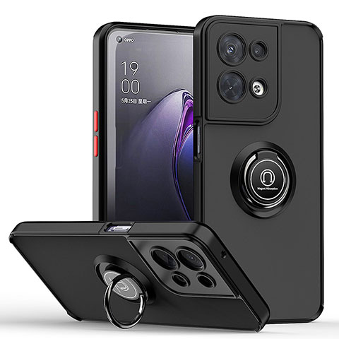 Silikon Hülle Handyhülle und Kunststoff Schutzhülle Hartschalen Tasche mit Magnetisch Fingerring Ständer QW2 für Oppo Reno8 Pro+ Plus 5G Rot und Schwarz