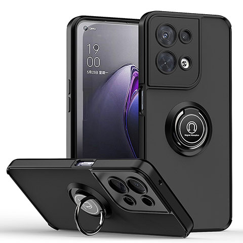 Silikon Hülle Handyhülle und Kunststoff Schutzhülle Hartschalen Tasche mit Magnetisch Fingerring Ständer QW2 für Oppo Reno8 Pro+ Plus 5G Schwarz