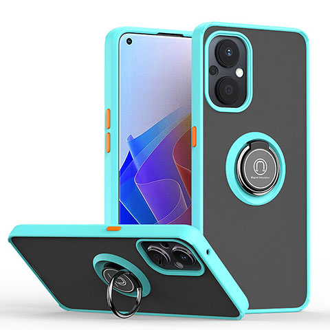 Silikon Hülle Handyhülle und Kunststoff Schutzhülle Hartschalen Tasche mit Magnetisch Fingerring Ständer QW2 für Oppo Reno8 Z 5G Cyan