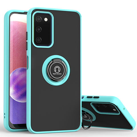 Silikon Hülle Handyhülle und Kunststoff Schutzhülle Hartschalen Tasche mit Magnetisch Fingerring Ständer QW2 für Samsung Galaxy A02s Cyan