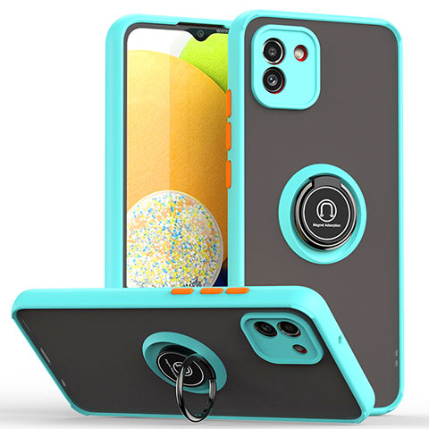 Silikon Hülle Handyhülle und Kunststoff Schutzhülle Hartschalen Tasche mit Magnetisch Fingerring Ständer QW2 für Samsung Galaxy A03 Cyan