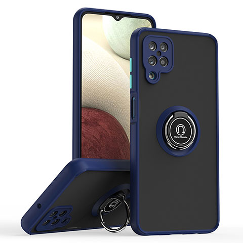 Silikon Hülle Handyhülle und Kunststoff Schutzhülle Hartschalen Tasche mit Magnetisch Fingerring Ständer QW2 für Samsung Galaxy A12 5G Blau