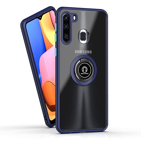 Silikon Hülle Handyhülle und Kunststoff Schutzhülle Hartschalen Tasche mit Magnetisch Fingerring Ständer QW2 für Samsung Galaxy A21 European Blau