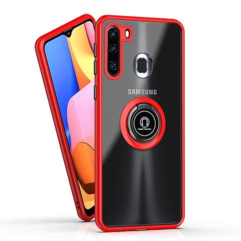 Silikon Hülle Handyhülle und Kunststoff Schutzhülle Hartschalen Tasche mit Magnetisch Fingerring Ständer QW2 für Samsung Galaxy A21 European Rot