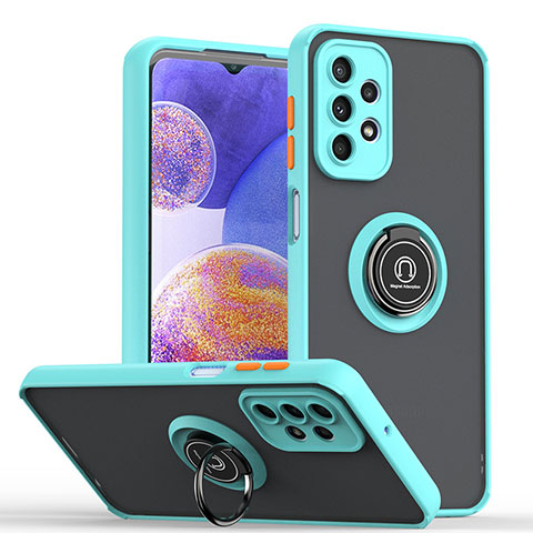 Silikon Hülle Handyhülle und Kunststoff Schutzhülle Hartschalen Tasche mit Magnetisch Fingerring Ständer QW2 für Samsung Galaxy A23 5G Cyan