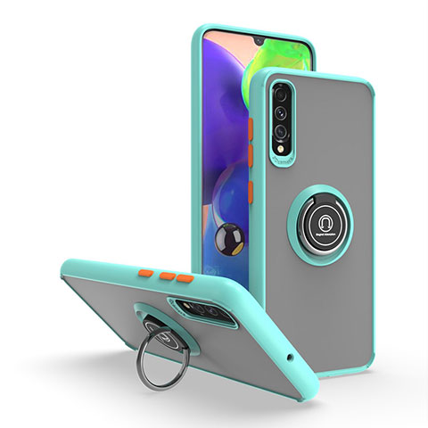 Silikon Hülle Handyhülle und Kunststoff Schutzhülle Hartschalen Tasche mit Magnetisch Fingerring Ständer QW2 für Samsung Galaxy A70 Cyan