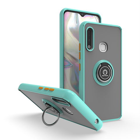 Silikon Hülle Handyhülle und Kunststoff Schutzhülle Hartschalen Tasche mit Magnetisch Fingerring Ständer QW2 für Samsung Galaxy A70E Cyan