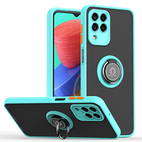 Silikon Hülle Handyhülle und Kunststoff Schutzhülle Hartschalen Tasche mit Magnetisch Fingerring Ständer QW2 für Samsung Galaxy M33 5G Cyan