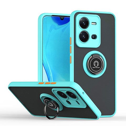 Silikon Hülle Handyhülle und Kunststoff Schutzhülle Hartschalen Tasche mit Magnetisch Fingerring Ständer QW2 für Vivo X80 Lite 5G Cyan