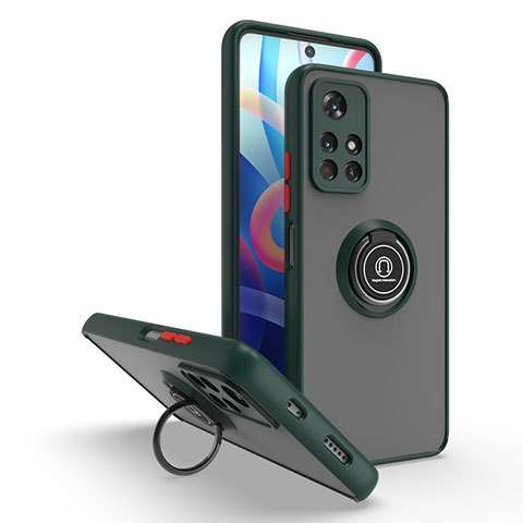 Silikon Hülle Handyhülle und Kunststoff Schutzhülle Hartschalen Tasche mit Magnetisch Fingerring Ständer QW2 für Xiaomi Poco M4 Pro 5G Nachtgrün