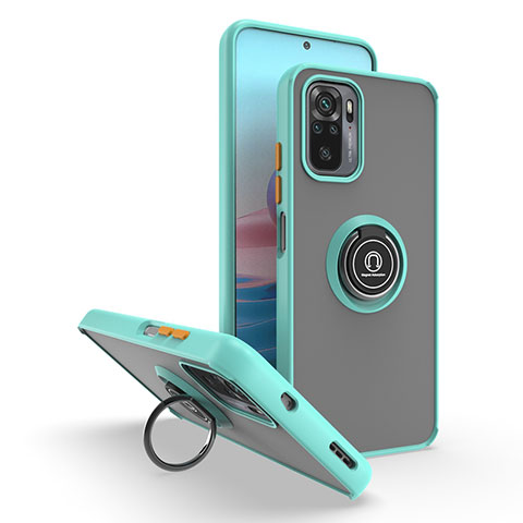 Silikon Hülle Handyhülle und Kunststoff Schutzhülle Hartschalen Tasche mit Magnetisch Fingerring Ständer QW2 für Xiaomi Redmi Note 10 4G Cyan