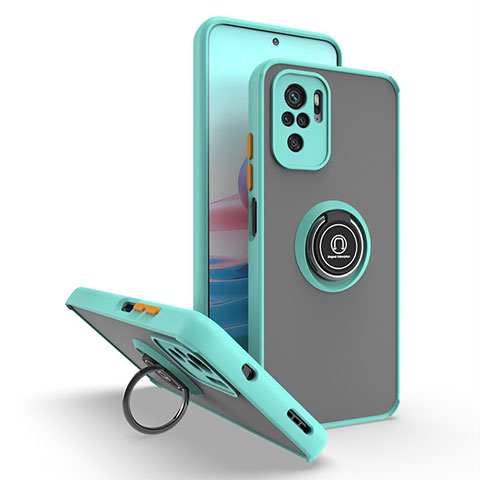 Silikon Hülle Handyhülle und Kunststoff Schutzhülle Hartschalen Tasche mit Magnetisch Fingerring Ständer QW2 für Xiaomi Redmi Note 10 Pro Max Cyan