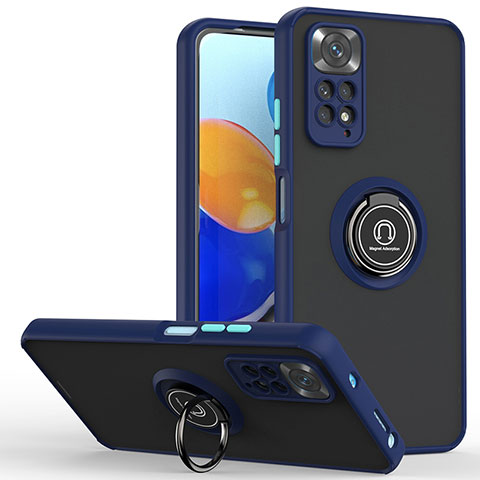 Silikon Hülle Handyhülle und Kunststoff Schutzhülle Hartschalen Tasche mit Magnetisch Fingerring Ständer QW2 für Xiaomi Redmi Note 11 4G (2022) Blau