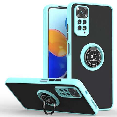 Silikon Hülle Handyhülle und Kunststoff Schutzhülle Hartschalen Tasche mit Magnetisch Fingerring Ständer QW2 für Xiaomi Redmi Note 11 Pro 4G Cyan