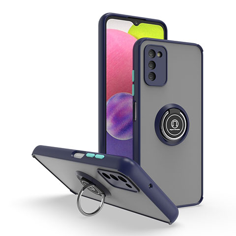 Silikon Hülle Handyhülle und Kunststoff Schutzhülle Hartschalen Tasche mit Magnetisch Fingerring Ständer QW3 für Samsung Galaxy A03s Blau