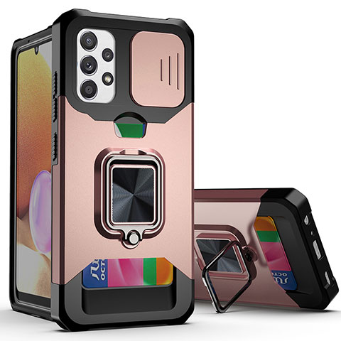 Silikon Hülle Handyhülle und Kunststoff Schutzhülle Hartschalen Tasche mit Magnetisch Fingerring Ständer QW3 für Samsung Galaxy A32 4G Rosegold