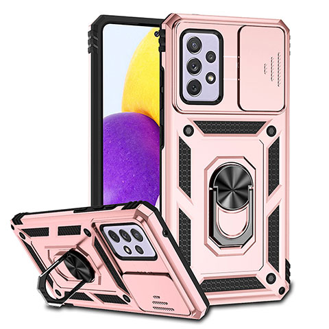 Silikon Hülle Handyhülle und Kunststoff Schutzhülle Hartschalen Tasche mit Magnetisch Fingerring Ständer QW3 für Samsung Galaxy A72 5G Rosegold