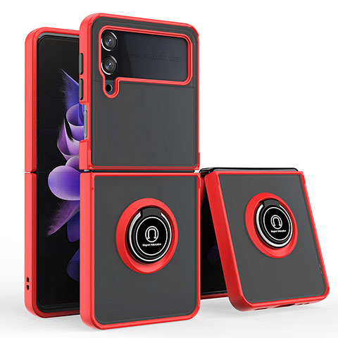 Silikon Hülle Handyhülle und Kunststoff Schutzhülle Hartschalen Tasche mit Magnetisch Fingerring Ständer QW3 für Samsung Galaxy Z Flip4 5G Rot