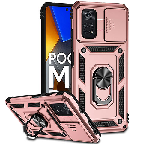 Silikon Hülle Handyhülle und Kunststoff Schutzhülle Hartschalen Tasche mit Magnetisch Fingerring Ständer QW3 für Xiaomi Poco M4 Pro 4G Rosegold