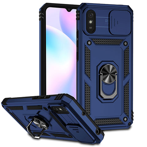 Silikon Hülle Handyhülle und Kunststoff Schutzhülle Hartschalen Tasche mit Magnetisch Fingerring Ständer QW3 für Xiaomi Redmi 9A Blau