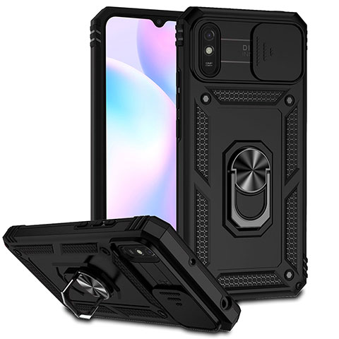 Silikon Hülle Handyhülle und Kunststoff Schutzhülle Hartschalen Tasche mit Magnetisch Fingerring Ständer QW3 für Xiaomi Redmi 9A Schwarz