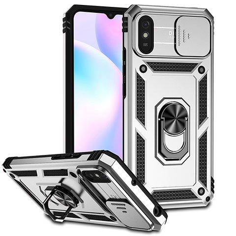 Silikon Hülle Handyhülle und Kunststoff Schutzhülle Hartschalen Tasche mit Magnetisch Fingerring Ständer QW3 für Xiaomi Redmi 9A Silber