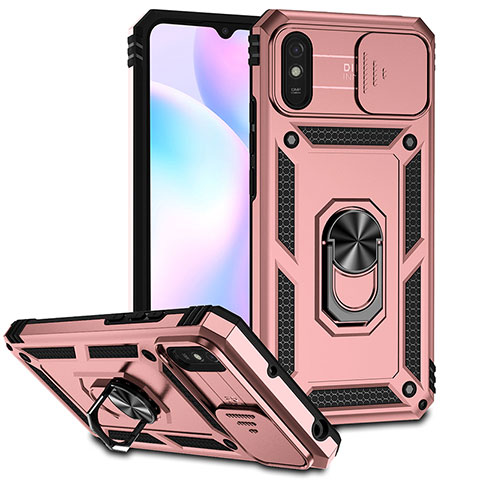 Silikon Hülle Handyhülle und Kunststoff Schutzhülle Hartschalen Tasche mit Magnetisch Fingerring Ständer QW3 für Xiaomi Redmi 9AT Rosegold