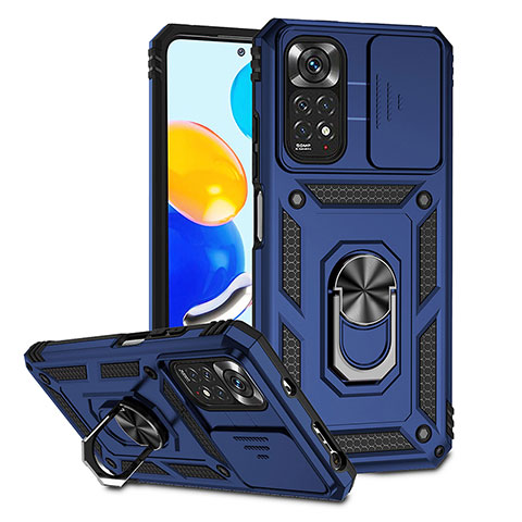 Silikon Hülle Handyhülle und Kunststoff Schutzhülle Hartschalen Tasche mit Magnetisch Fingerring Ständer QW3 für Xiaomi Redmi Note 11S 4G Blau