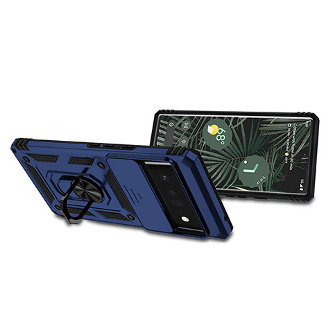 Silikon Hülle Handyhülle und Kunststoff Schutzhülle Hartschalen Tasche mit Magnetisch Fingerring Ständer QW4 für Google Pixel 6 Pro 5G Blau
