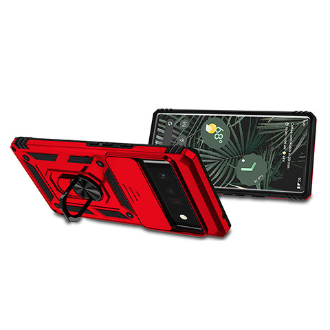Silikon Hülle Handyhülle und Kunststoff Schutzhülle Hartschalen Tasche mit Magnetisch Fingerring Ständer QW4 für Google Pixel 6 Pro 5G Rot