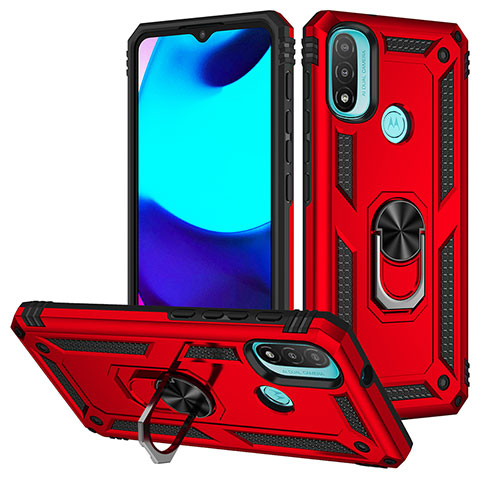 Silikon Hülle Handyhülle und Kunststoff Schutzhülle Hartschalen Tasche mit Magnetisch Fingerring Ständer S01 für Motorola Moto E30 Rot