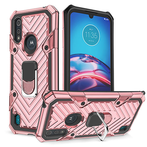 Silikon Hülle Handyhülle und Kunststoff Schutzhülle Hartschalen Tasche mit Magnetisch Fingerring Ständer S01 für Motorola Moto E6s (2020) Rosegold